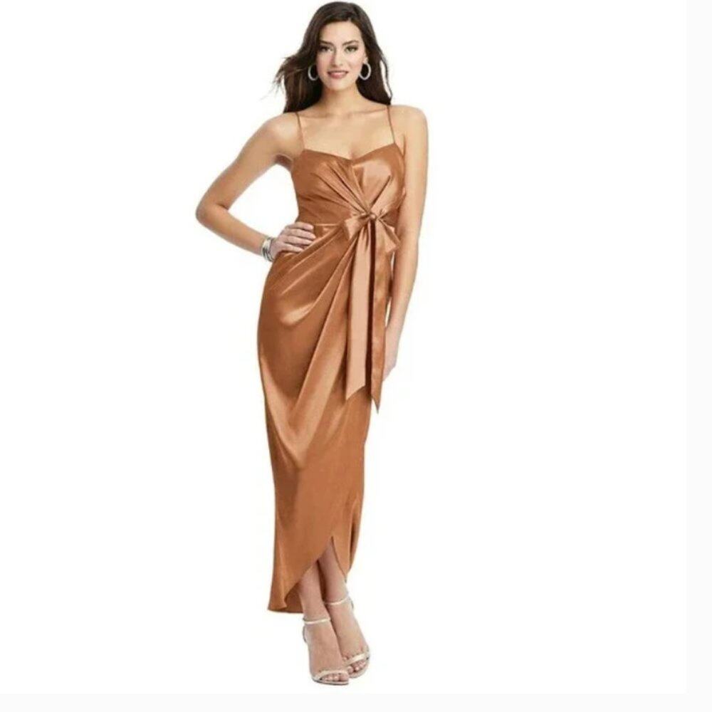 After Six Sleeveless Satin Faux Wrap Draped Gown Dress 6828